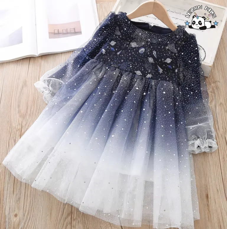 LEZONKIDS - Autumn Children's Gradient Puff Starry Skirt Long Sleeve Sequin Layered Princess Dress